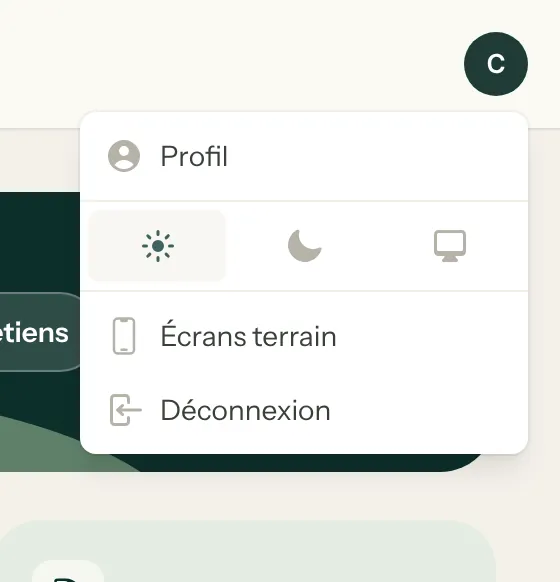 Menu du compte ouvert : Profil, choix clair, sombre ou automatique, Écrans terrain, Déconnexion