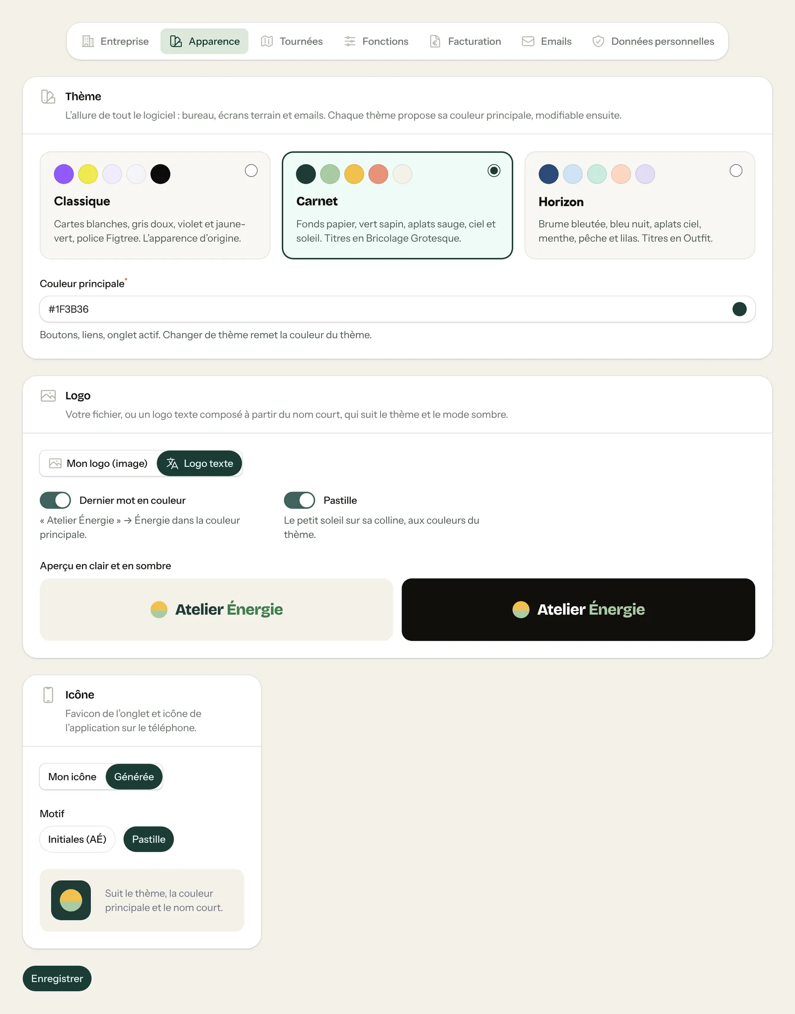 Onglet Apparence : choix du thème Classique, Carnet ou Horizon, couleur principale, logo et icône de l’application