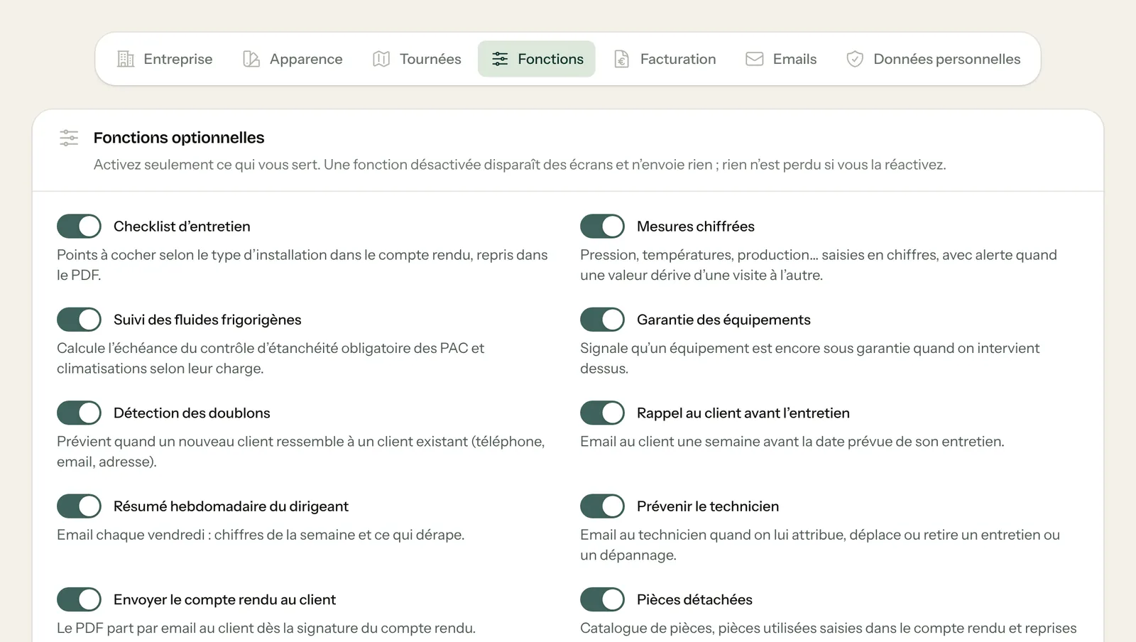 Onglet Fonctions : liste des fonctions optionnelles avec un interrupteur et une phrase d’explication pour chacune