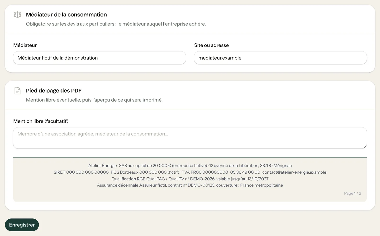 Suite de l’onglet Entreprise : médiateur de la consommation, mention libre et aperçu du pied de page des PDF, bouton Enregistrer
