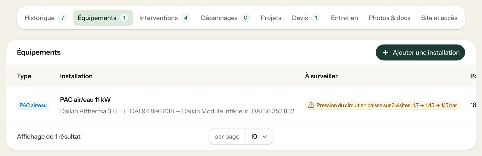 Onglet Équipements : PAC air/eau 11 kW avec le matériel posé et une alerte de pression en baisse