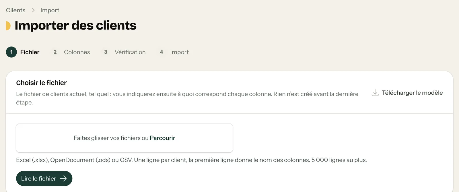 Importer des clients : étapes Fichier, Colonnes, Vérification, Import, et bouton Télécharger le modèle