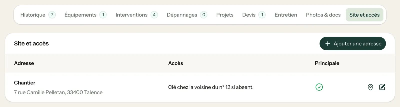Onglet Site et accès : adresse du chantier, accès, adresse principale