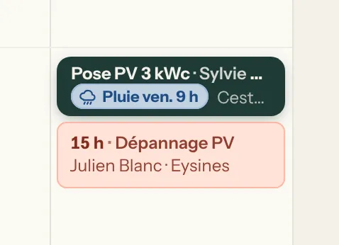 Carte de pose photovoltaïque avec la pastille Pluie ven. 9 h