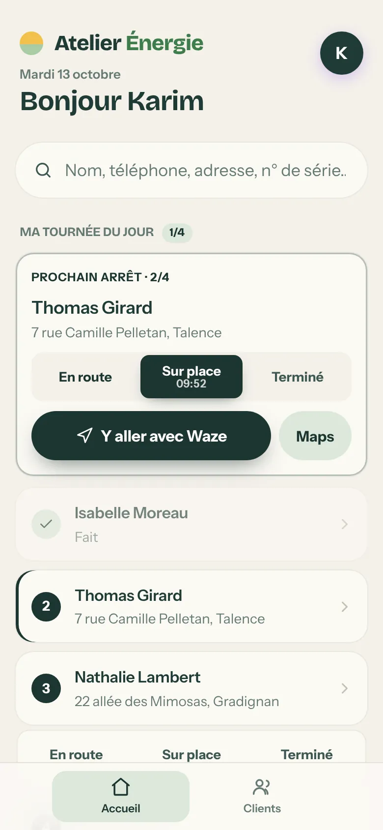 L’application du technicien sur téléphone : tournée du jour