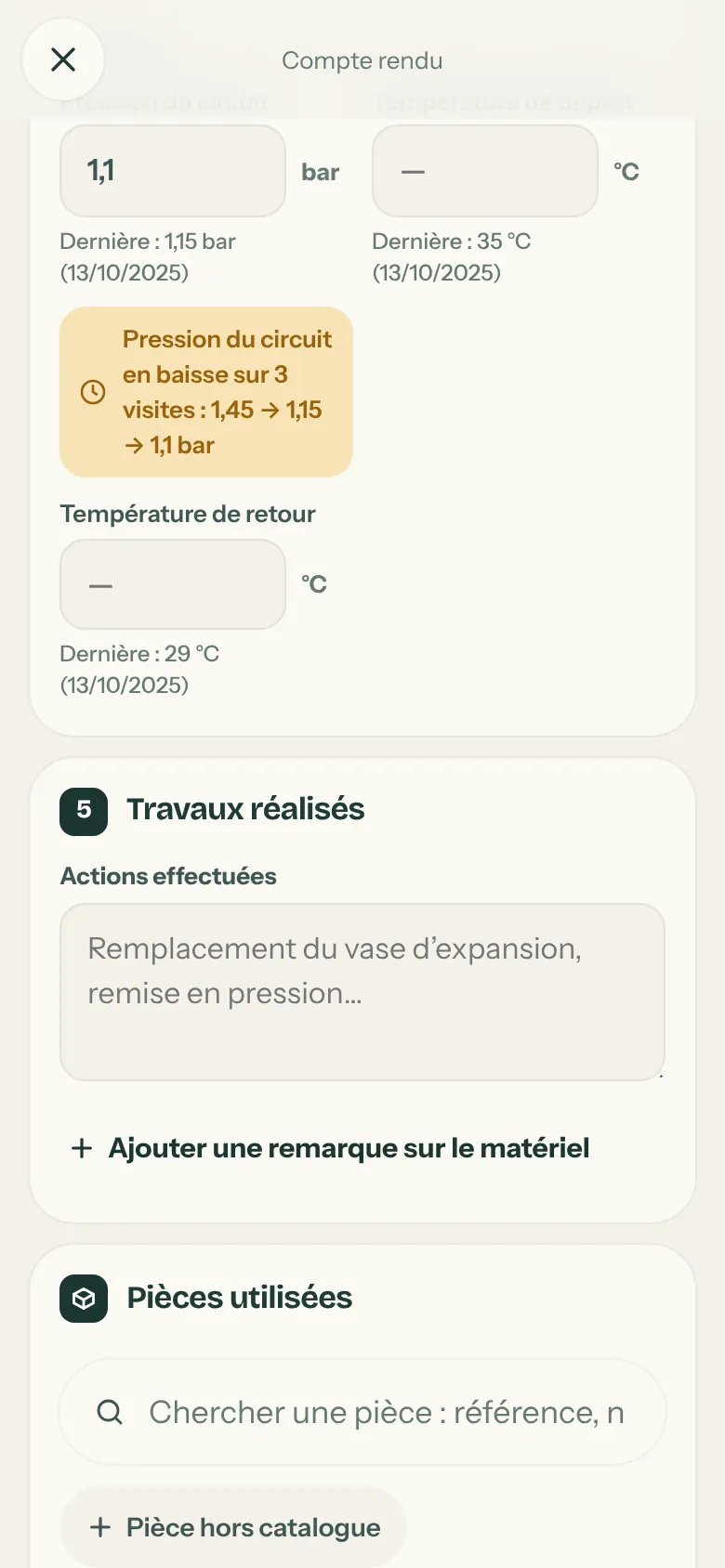 Mesures chiffrées : pression du circuit 1,1 bar avec la mesure de la dernière visite 1,15 bar et une alerte de baisse sur 3 visites