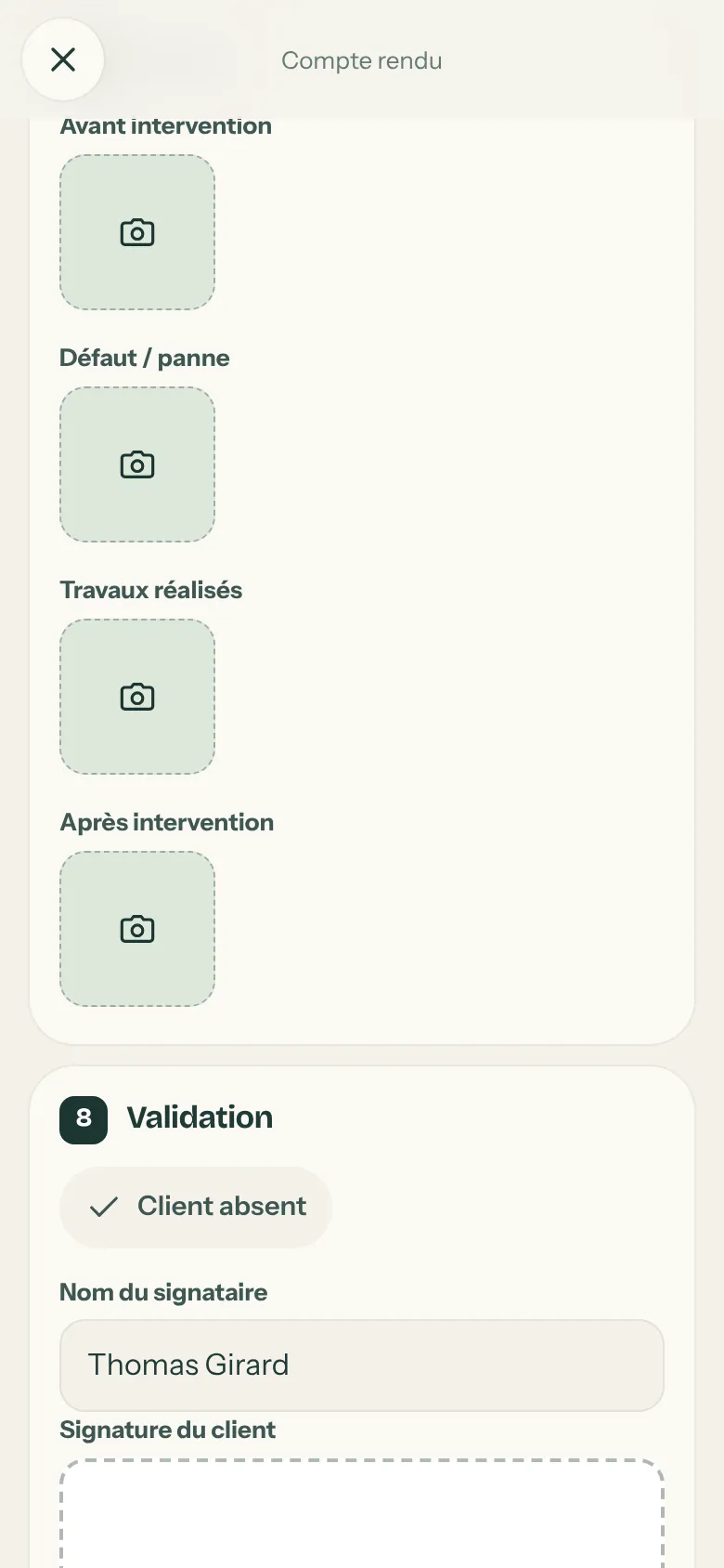 Étape Photos : Avant intervention, Défaut / panne, Travaux réalisés, Après intervention