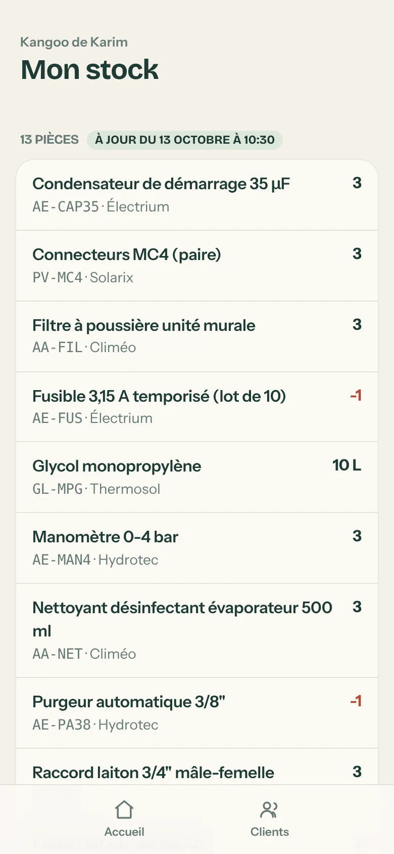 Mon stock sur le téléphone : Kangoo de Karim, 13 pièces avec leurs quantités
