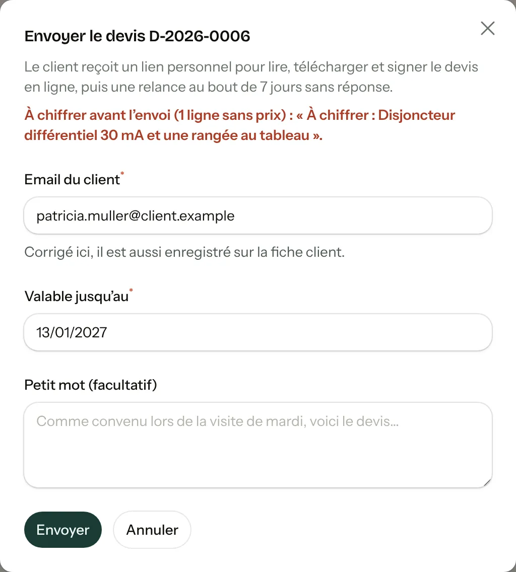 Fenêtre Envoyer le devis : avertissement d’une ligne à chiffrer, email du client, date de validité, petit mot facultatif, bouton Envoyer