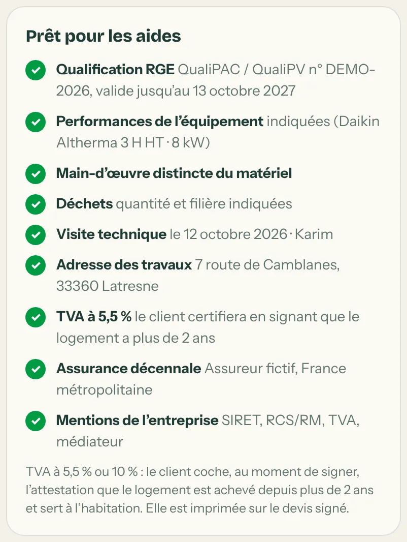 Encadré Prêt pour les aides : qualification RGE, performances de l’équipement, main-d’œuvre distincte, déchets, visite technique, adresse des travaux, TVA à 5,5 %, assurance décennale, mentions de l’entreprise, tous cochés