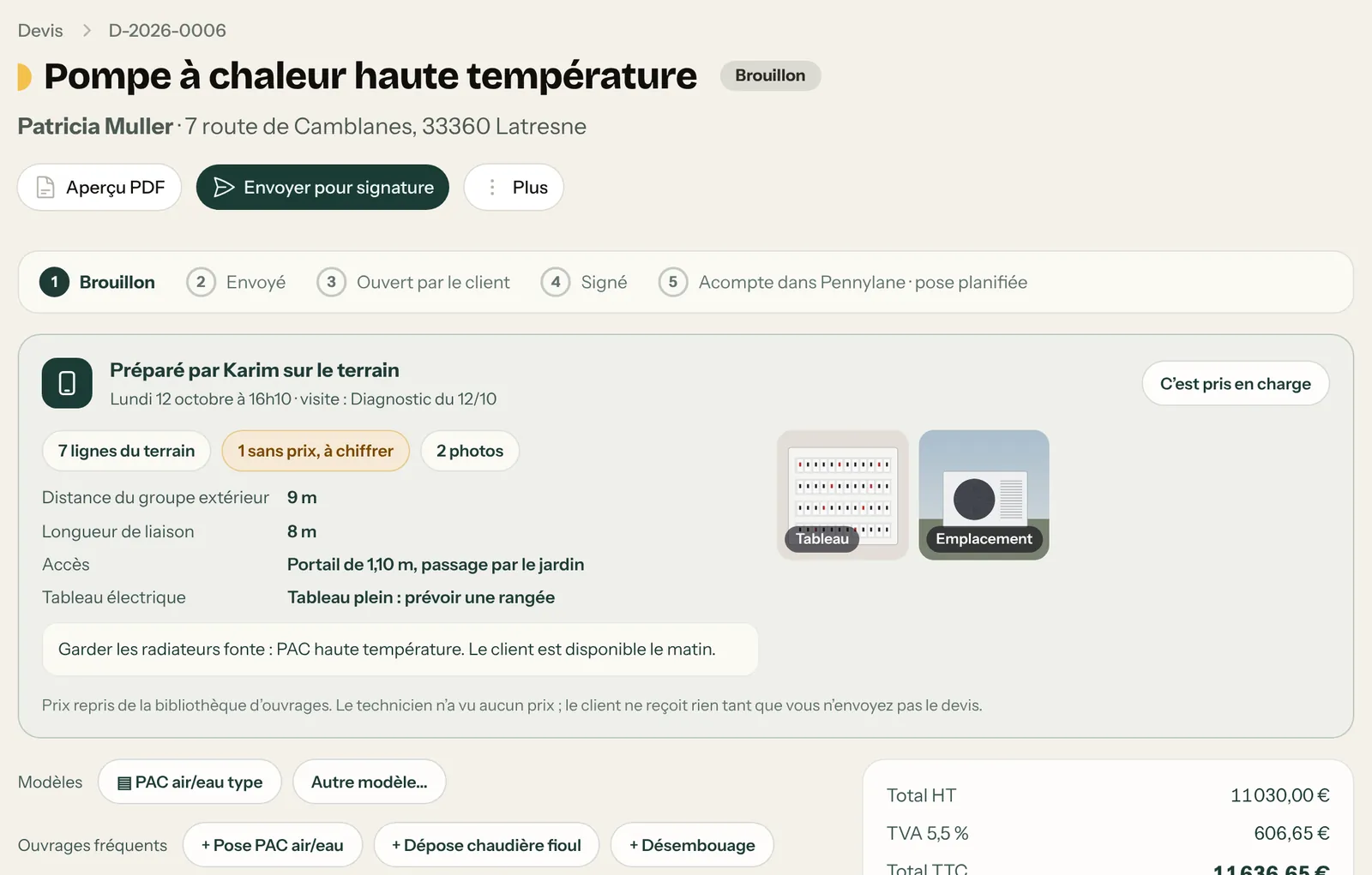 Haut de l’éditeur de devis : étapes Brouillon à Acompte, encadré Préparé par Karim sur le terrain avec mesures et photos, modèles et ouvrages fréquents