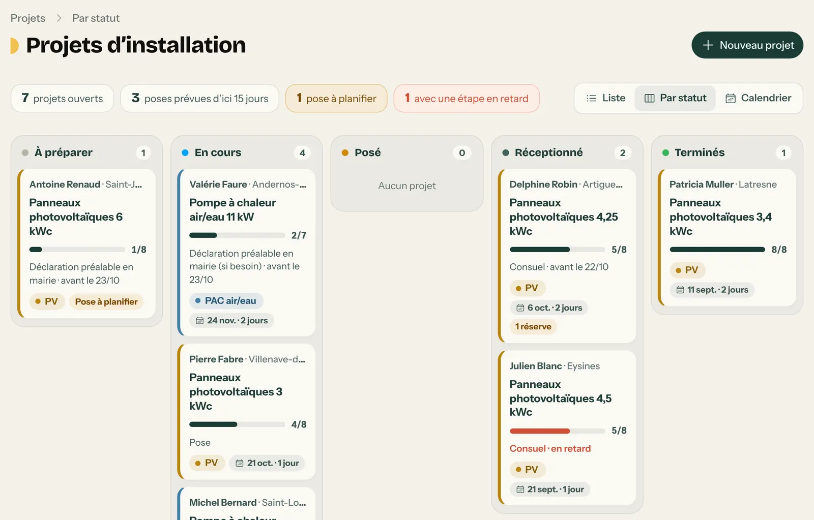 Vue Par statut : colonnes À préparer, En cours, Réceptionné, Terminé avec une carte par projet