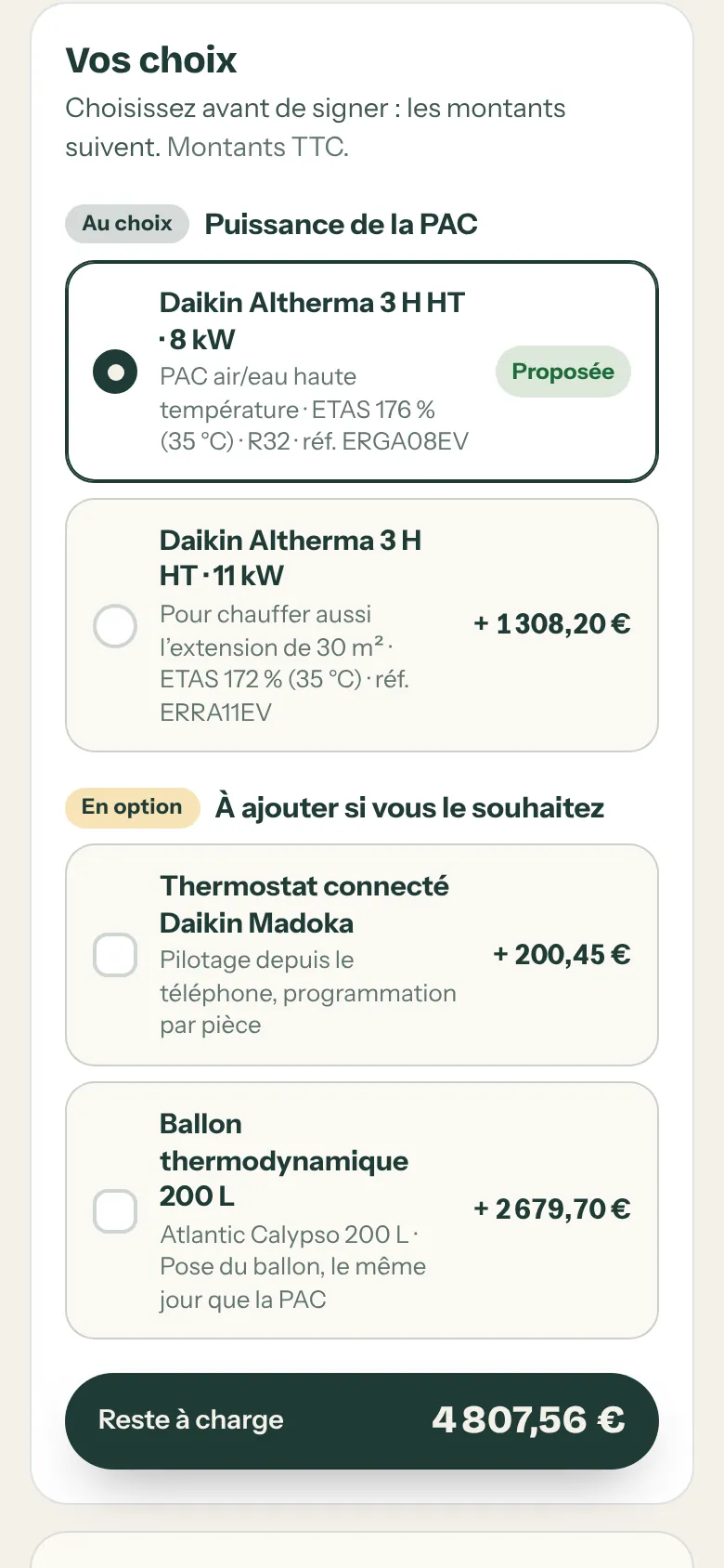 Vos choix : Au choix puissance de la PAC 8 kW (proposée) ou 11 kW, En option thermostat connecté