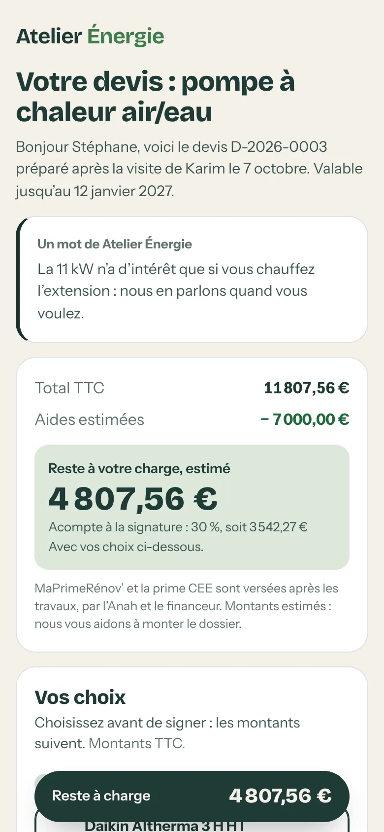 La page du devis vue par le client sur son téléphone
