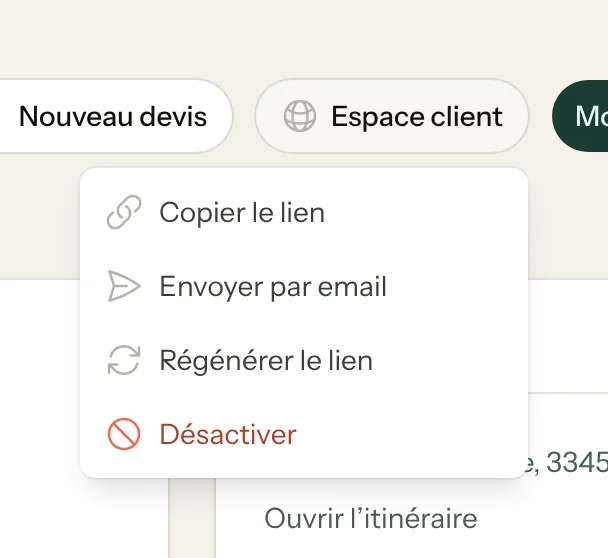 Menu Espace client de la fiche : Copier le lien, Envoyer par email, Régénérer le lien, Désactiver