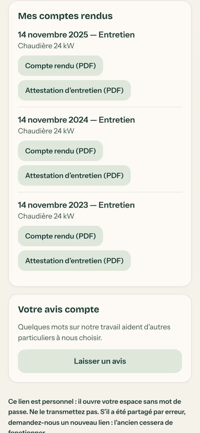 Suite de l’espace client : mes comptes rendus avec PDF et attestations d’entretien, bloc Votre avis compte avec Laisser un avis