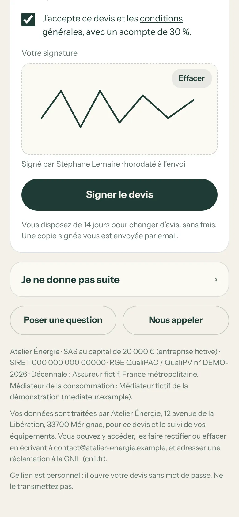 Sous le bouton Signer : rappel des 14 jours pour changer d’avis, boutons Je ne donne pas suite, Poser une question, Nous appeler, mentions de l’entreprise