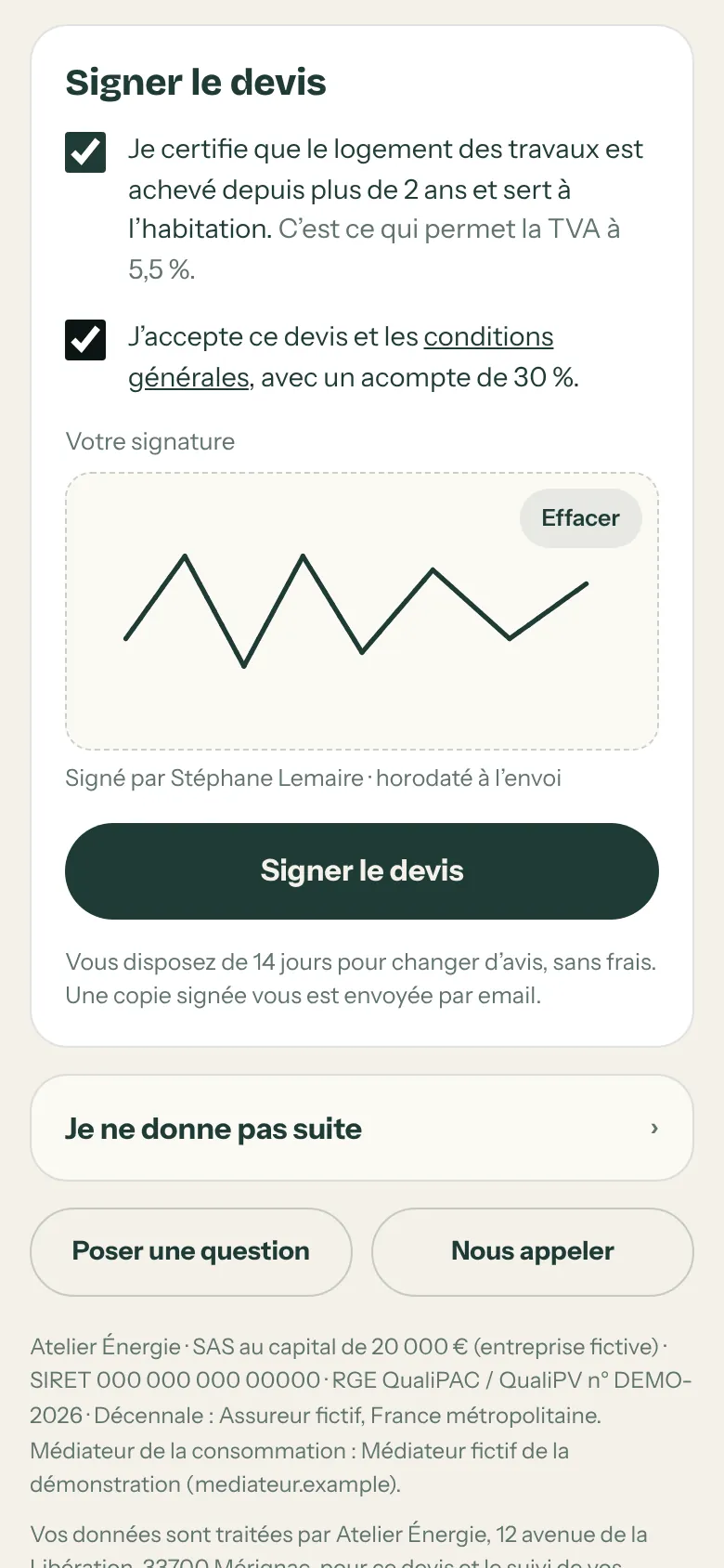 Bloc Signer le devis : attestation que le logement a plus de 2 ans, acceptation du devis et des conditions générales, signature au doigt, bouton Signer le devis